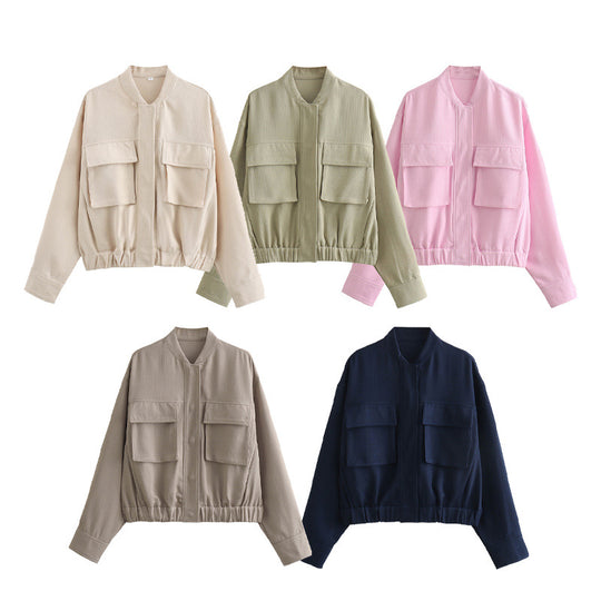 Damen elegante Utility-Jacke mit großen Taschen und elastischem Saum EB