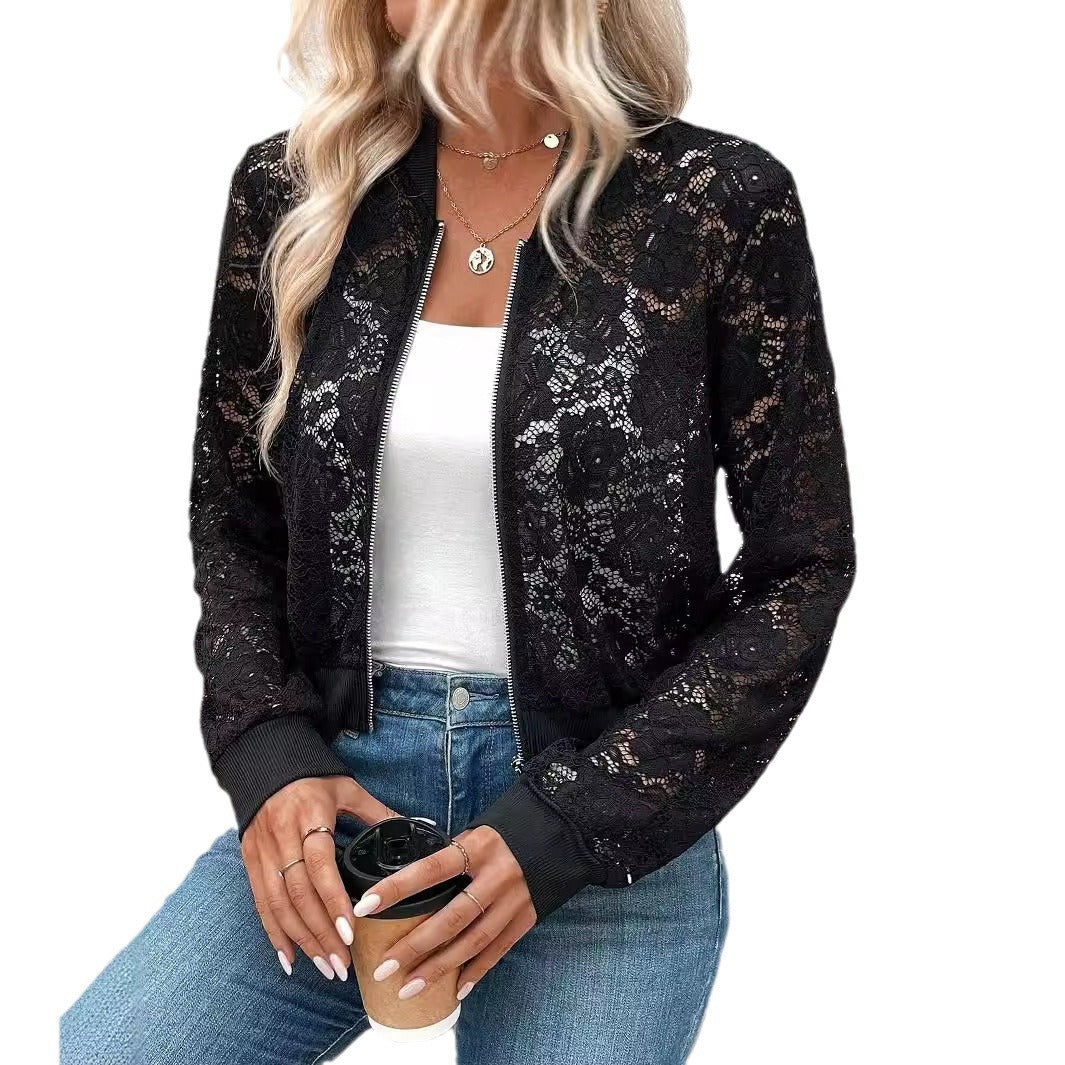 Damen nan Spitzen-Bomberjacke mit Reißverschluss, Rippbündchen und floraler Transparenz EB