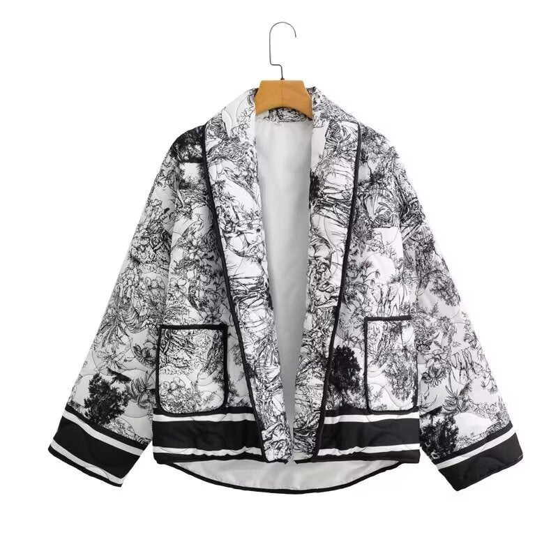 Damen leichte Steppjacke im botanischen Design mit großen Taschen EB