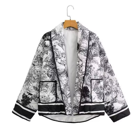 Damen leichte Steppjacke im botanischen Design mit großen Taschen EB