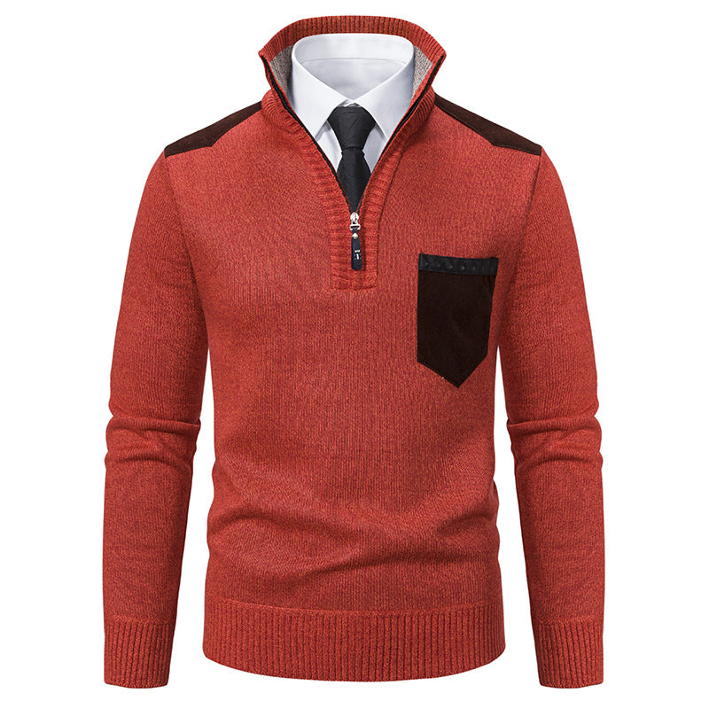 Herren nan Feinstrick-Halbzip-Pullover mit Stehkragen, Brusttasche und Schulterbesatz EB