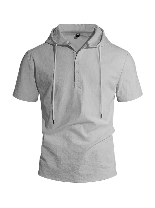 Herren nan kurzärmeliges Kapuzen-Henley aus Slub-Baumwolle mit verdeckter Knopfleiste und Kordelzug EB