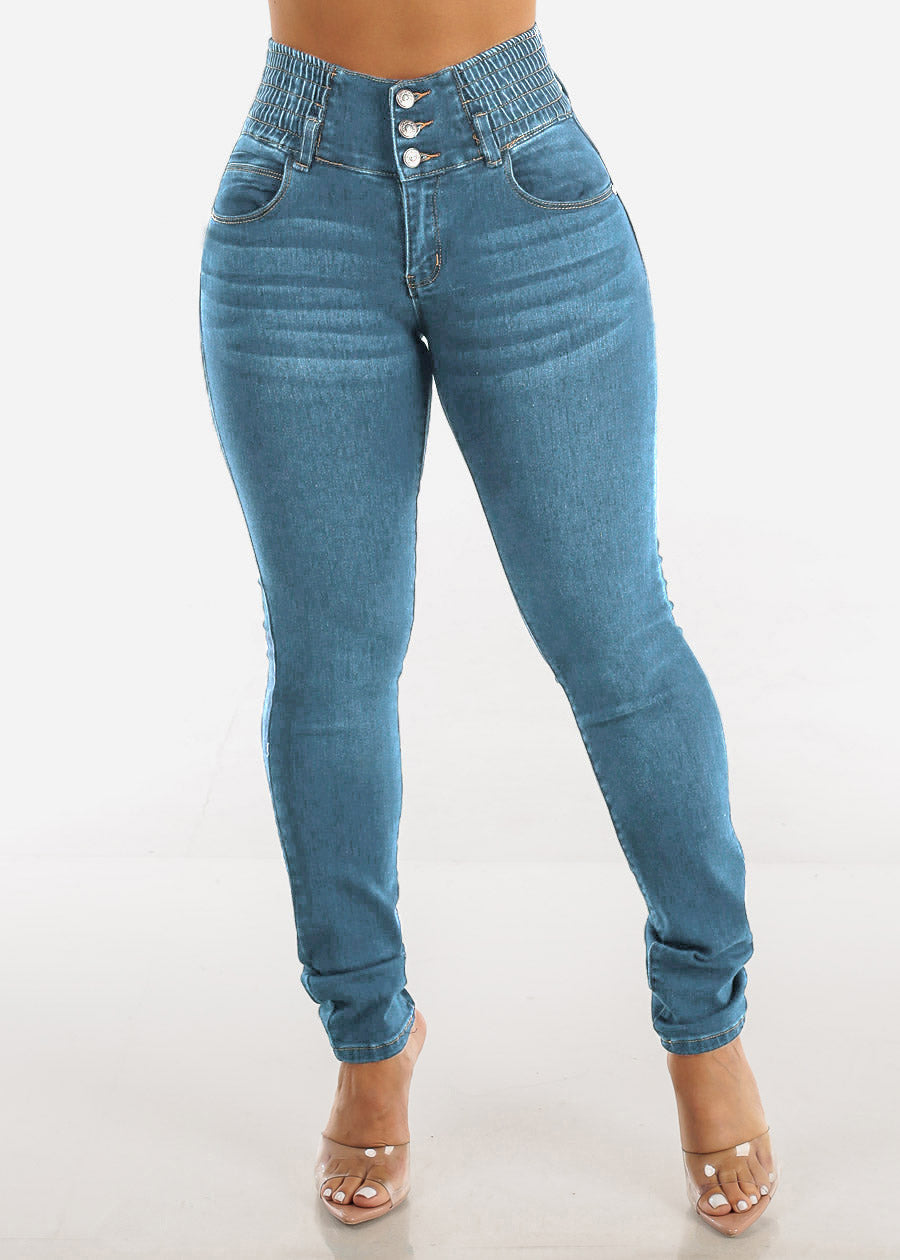 Damen High-Waist Skinny Jeans mit elastischem Bund EB