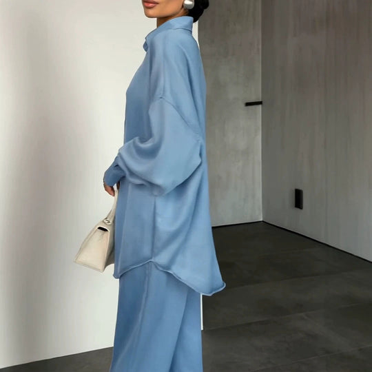 Damen Zweiteiliges Oversize-Hemd- und Palazzo-Set im fließenden Denim-Look EB