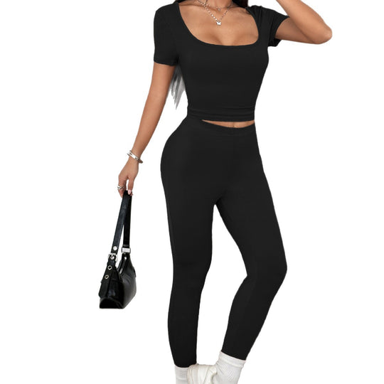 Damen Figurbetontes Sport-Set mit kurzärmligem Oberteil und hochgeschnittener Leggings EB