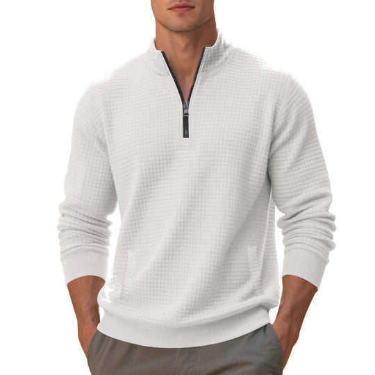 Herren Waffelstrick-Halbzip-Pullover mit Stehkragen, Kängurutasche & gerippten Abschlüssen EB