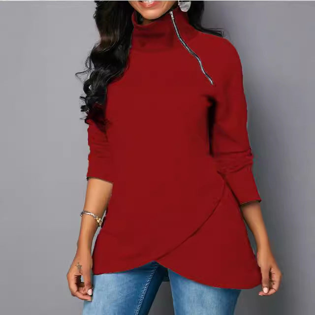 Damen Rundhals Shirt mit hoher Kragen und Reißverschluss EB