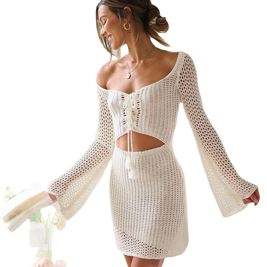 Damen elegantes gehäkeltes Strandkleid mit offenkantigem Design EB