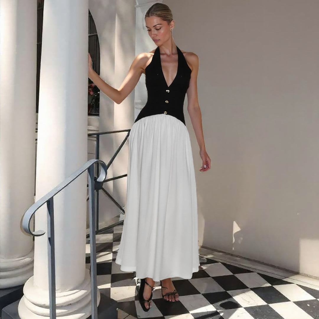 Damen Elegantes Maxikleid mit tiefem V-Ausschnitt und Knopfleiste EB