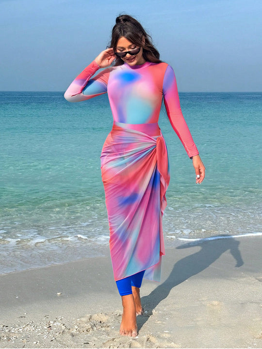 Damen modischer Schwimmanzug mit langem Arm und schwingendem Rock EB
