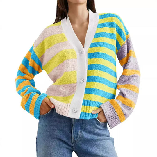 Damen lockerer gestreifter Frottee-Cardigan mit V-Ausschnitt und Knopfleiste EB
