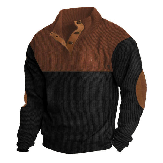 Herren nan rustikaler gerippter Pullover mit Henley-Kragen und lederartigen Ellbogenbesätzen EB