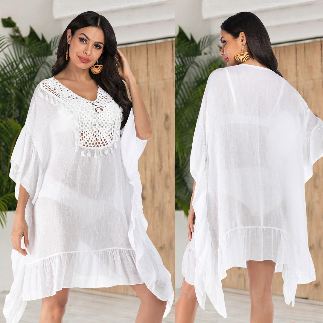 Damen Häkel-Strandkleid mit fransigem Saum und dekorativen Akzenten EB