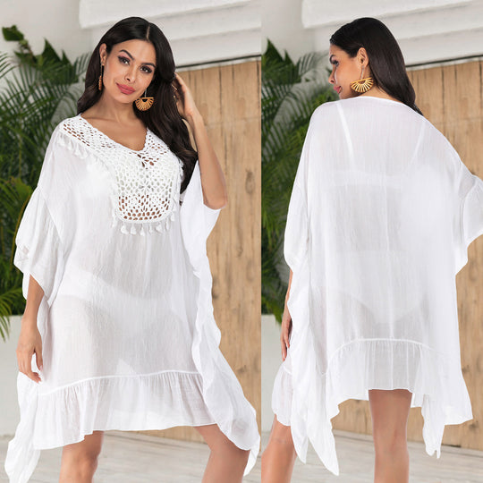 Damen Häkel-Strandkleid mit fransigem Saum und dekorativen Akzenten EB
