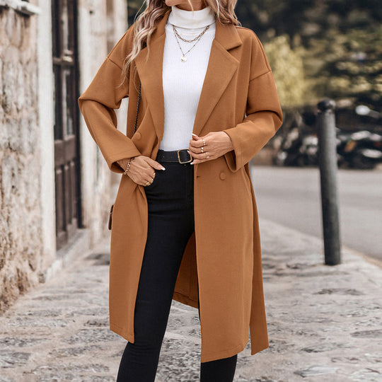 Damen Eleganter Trenchcoat mit Gürtel und doppelt geknöpftem Design EB