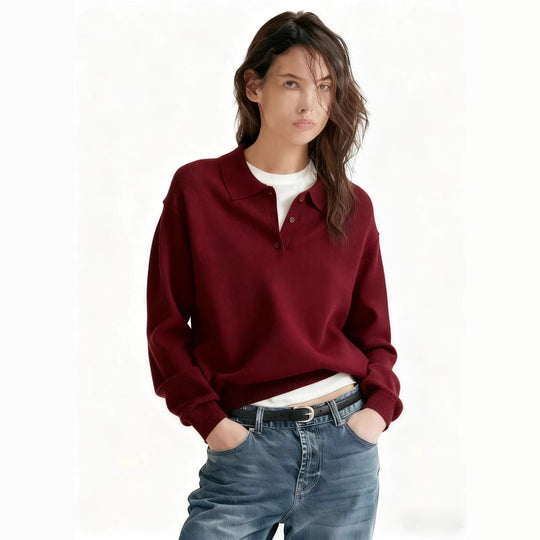 Damen Feinstrick-Polo-Sweater mit Knopfleiste und geripptem Saum EB