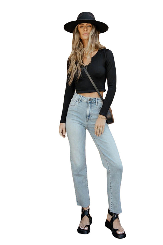 Damen Langarm Crop-Top mit U-Boot-Ausschnitt und Rippstruktur EB