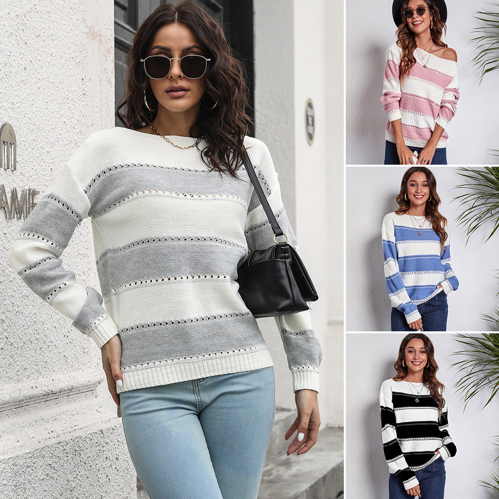 Damen Freizeit Pullover mit modernem Lochmuster und Streifen-Design EB