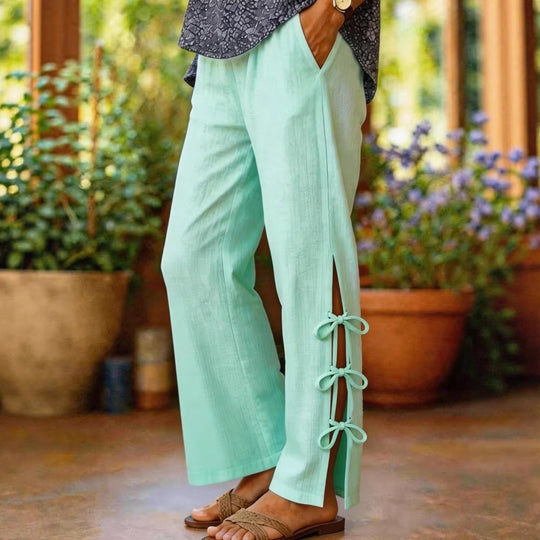 Damen Leichte Sommerhose mit seitlichen Bindegürtel undDekolleté-Schlitzen EB
