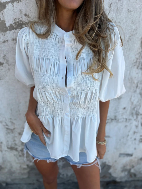 Damen elegante Bluse mit Raffung und durchgehender Knopfleiste EB