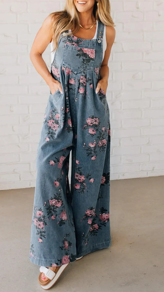 Damen Lässiger Denim-Hosenanzug mit floralem Print und weiten Beinen EB