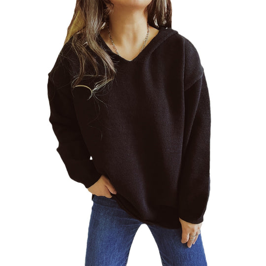 Damen lässiger Strickpullover mit Kapuze und weiten Ärmeln EB