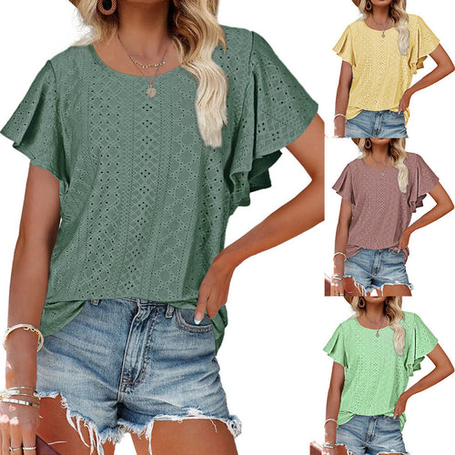 Damen Kurzärmlige Bluse mit Rüschendetails und Lochmuster EB