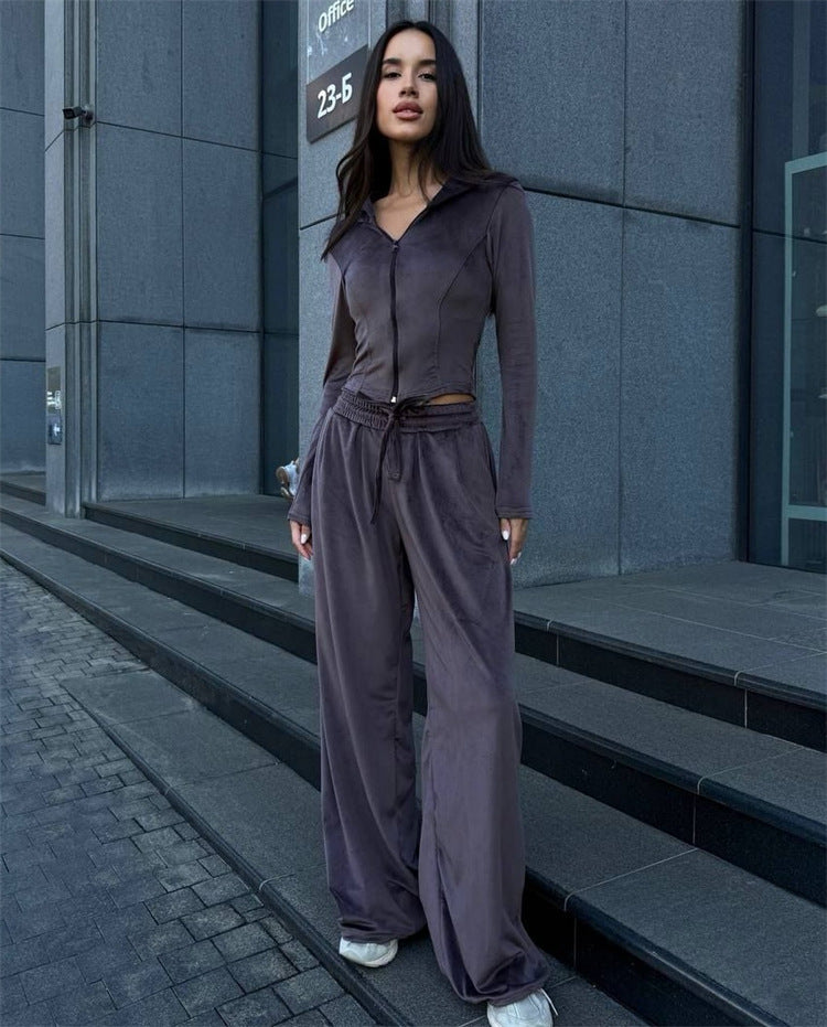 Damen Lounge-Set mit taillierter Kapuzenjacke und extraweiter Palazzo-Jogginghose EB