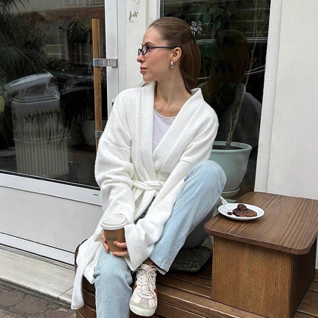 Damen modische offene Strickjacke mit Taillengürtel und weitem Schnitt EB