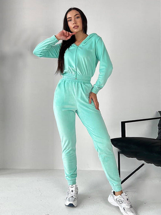 Damen Sportliches Fleece-Loungewear-Set mit Kapuze und tailliertem Schnitt EB