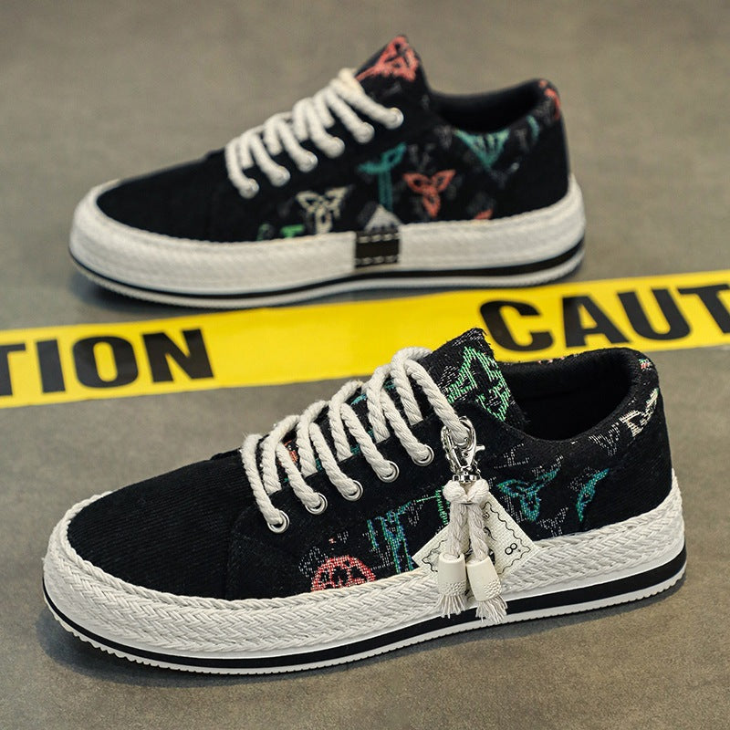 Damen bestickte Canvas‑Sneaker mit Quastenanhänger und geflochtener Plateausohle EB