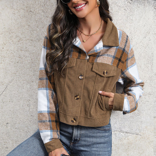 Damen Karo-Cordjacke im lässigen Cropped-Stil mit Brusttaschen EB