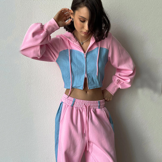 Damen nan zweiteiliges Cropped-Hoodie-Set mit Reißverschluss, elastischem Komfortbund und weitem Seitenstreifen-Hose EB