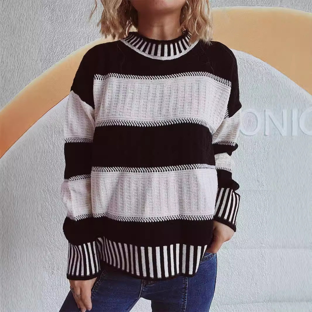 Damen lässiger Strickpullover mit modernem Streifenmuster und warmem Material EB