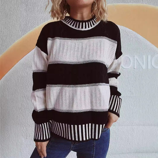Damen lässiger Strickpullover mit modernem Streifenmuster und warmem Material EB