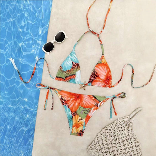Damen Triangel-Bikini mit floralem Design und verstellbaren Bändern EB