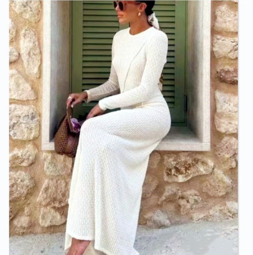 Damen Strickmaxikleid mit strukturiertem Design und langem Ärmel EB