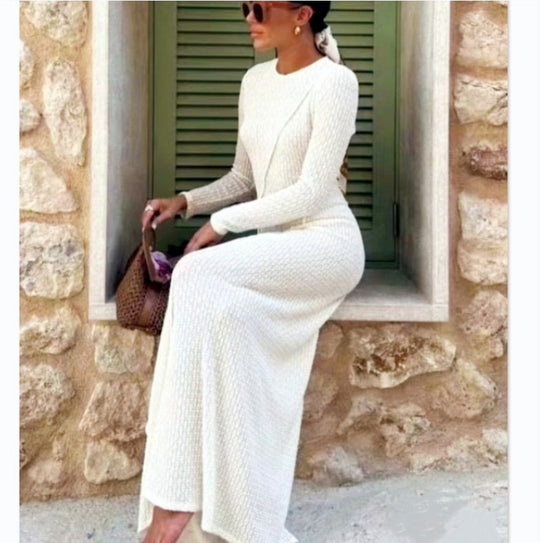 Damen Strickmaxikleid mit strukturiertem Design und langem Ärmel EB