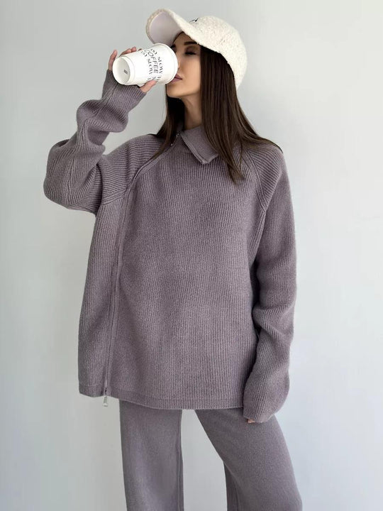 Damen Modernes Strickoberteil mit asymmetrischem Reißverschluss EB