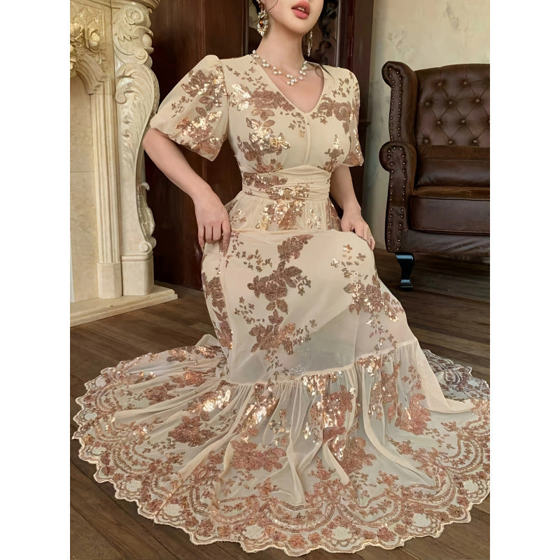 Damen Festliches Maxikleid mit funkelnden Pailletten und exquisiten Blumendetails EB