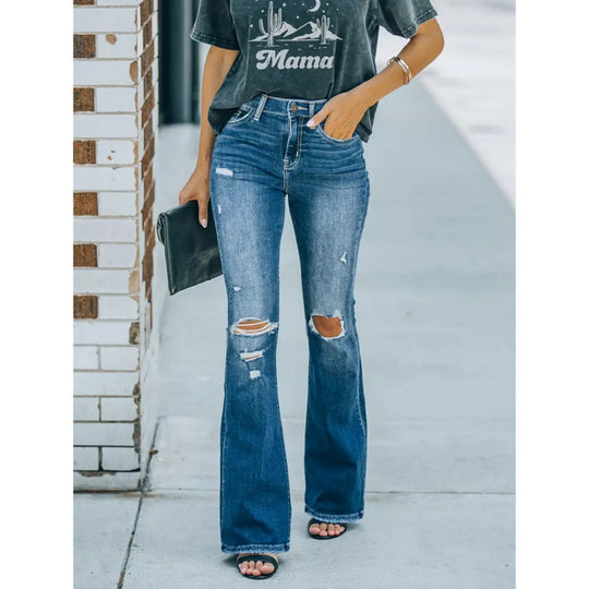 Damen Flared Jeans im Vintage-Style mit lässigem Destroyed-Effekt EB