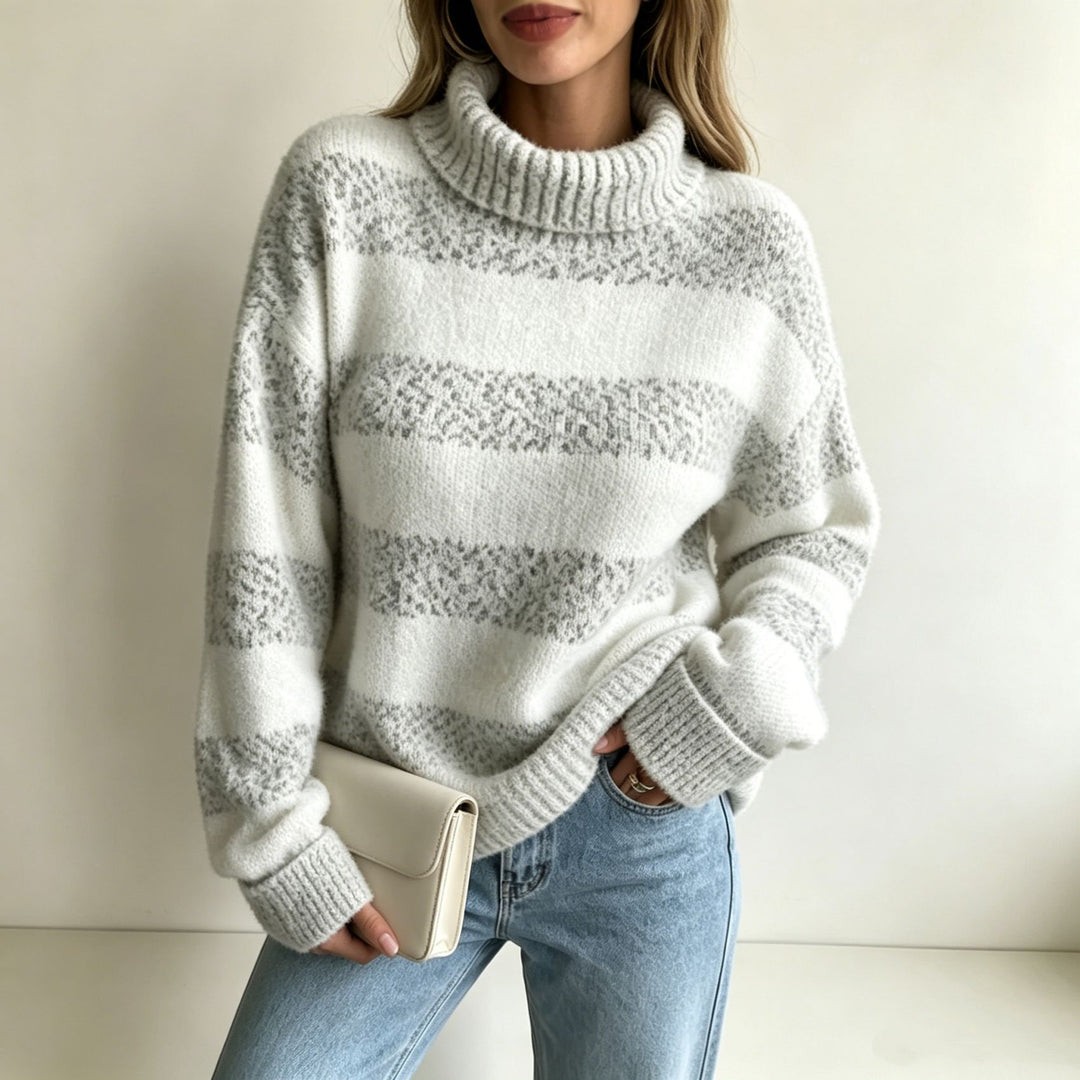 Damen Rollkragenpullover mit breiten Streifen und strukturiertem Bouclé-Strick EB