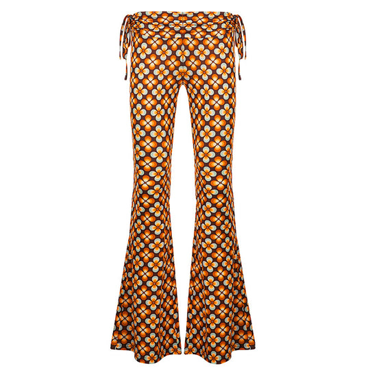 Damen nan ausgestellte Schlaghose mit hoher Taille, seitlichen Kordelzügen und retro Blumenprint EB