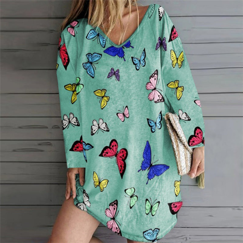 Damen Oversize Tunika-Kleid mit V-Ausschnitt und Schmetterlingsprint EB