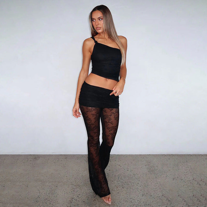Damen asymmetrisches Oberteil mit elegantem Spitzen-Details und figurbetonten Leggings EB
