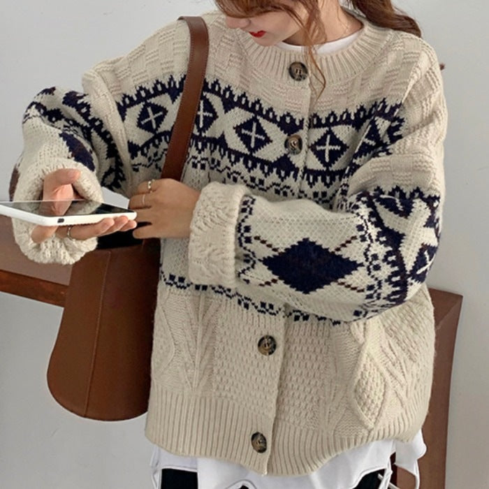 Damen Grobstrickjacke mit dekorativem Norwegermuster EB