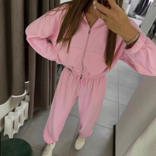 Damen kurzes Reißverschluss-Hoodie mit elastischem Bund und High-Waist Jogginghose aus Baumwollmix EB