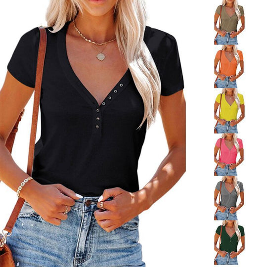 Damen T-Shirt mit modischem V-Ausschnitt und dekorativen Knöpfen EB
