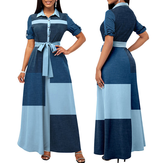 Damen Elegantes Knopfhemd-Maxikleid mit tailliertem Gürtel EB