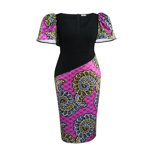 Damen Elegantes Etuikleid mit buntem Mustermix und Puffärmeln EB